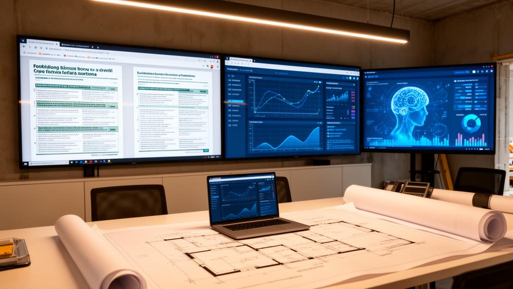 Ufficio impresa edile con schermi che mostrano gestione automatizzata bonus edilizi tramite AI