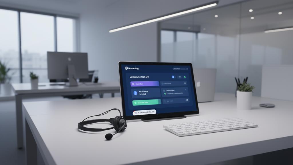 Call center AI per imprese di ristrutturazione con dashboard digitale e cuffie su scrivania moderna