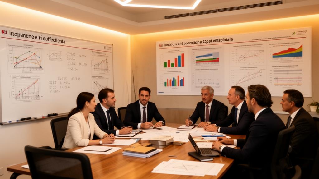 Team di impresa edile in riunione analizza riduzione costi operativi con grafici e dashboard AI