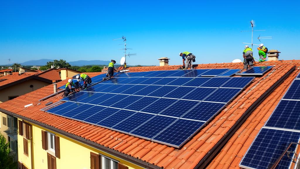 Tecnico installatore di pannelli fotovoltaici su tetto residenziale con app AI per gestione lead e vendite