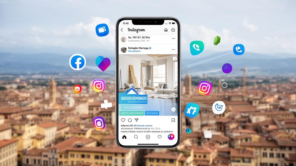 Smartphone con campagna marketing digitale per impresa edile, città italiana sullo sfondo