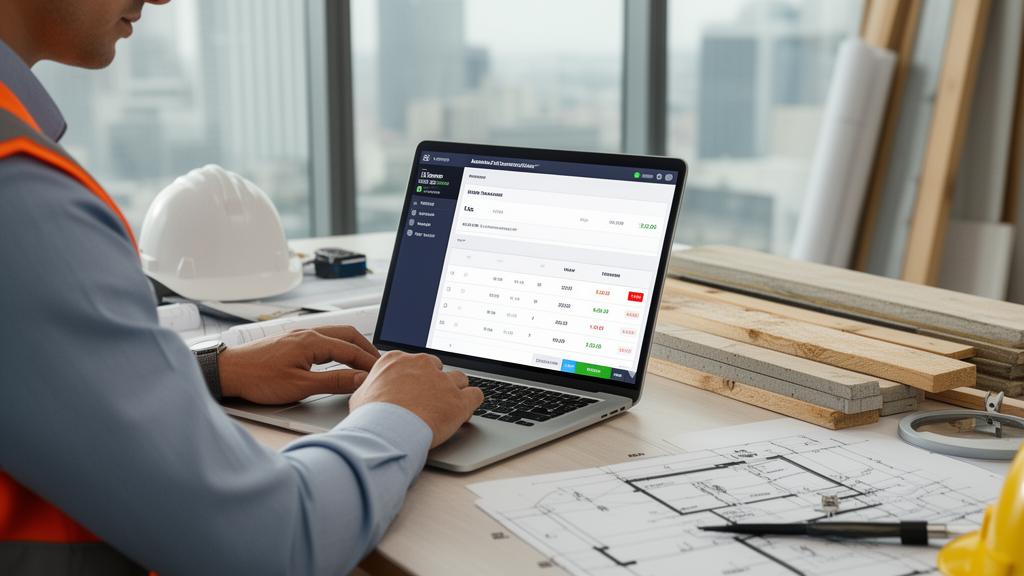 Impresario edile che utilizza tablet con software AI di preventivazione automatica in cantiere