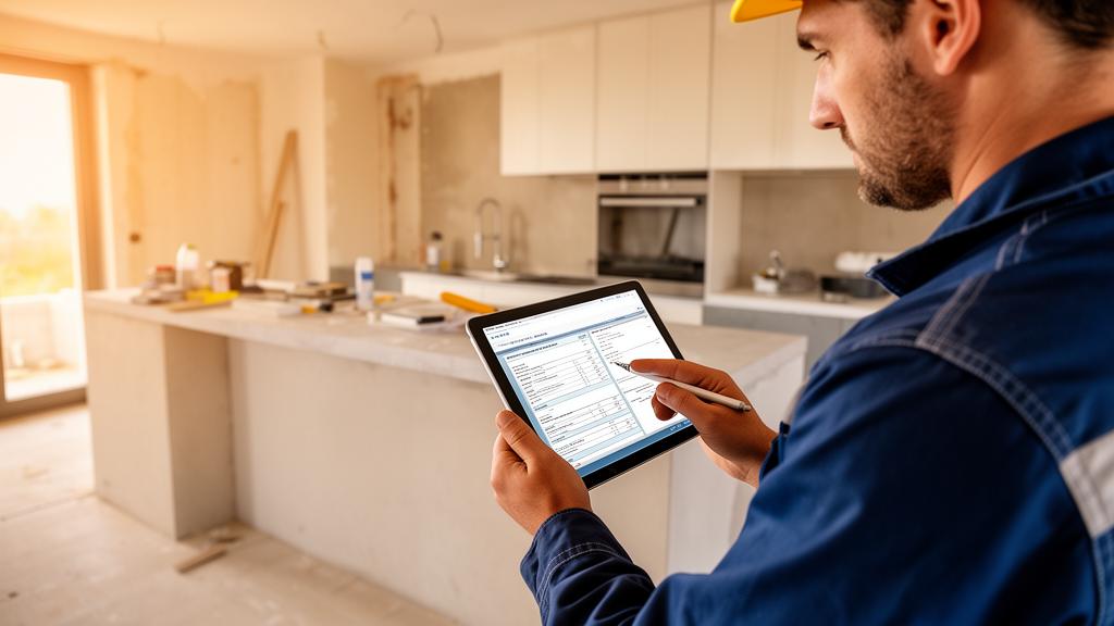 Imprenditore edile crea preventivo digitale su tablet durante sopralluogo in cantiere