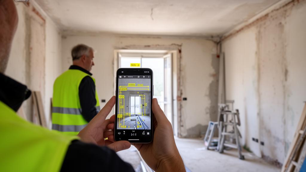 Tecnico edile usa smartphone per sopralluogo virtuale con AI e misurazioni in realtà aumentata